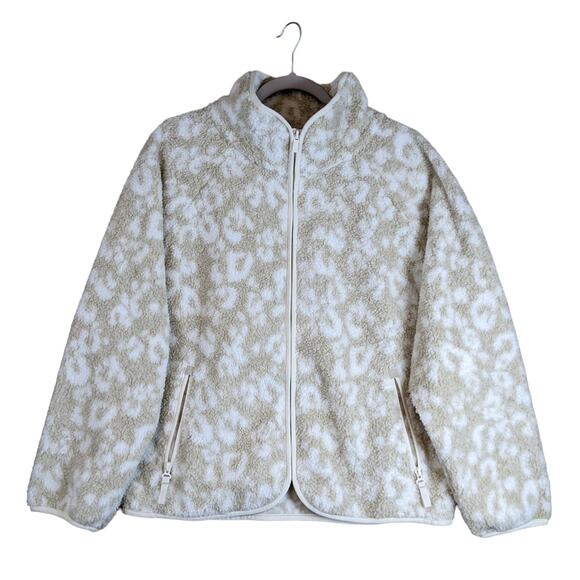 All in Motion Sherpa Jacket Small Animal Print Relaxed Fit Zip Front Beige Cozy - Picture 1 of 10